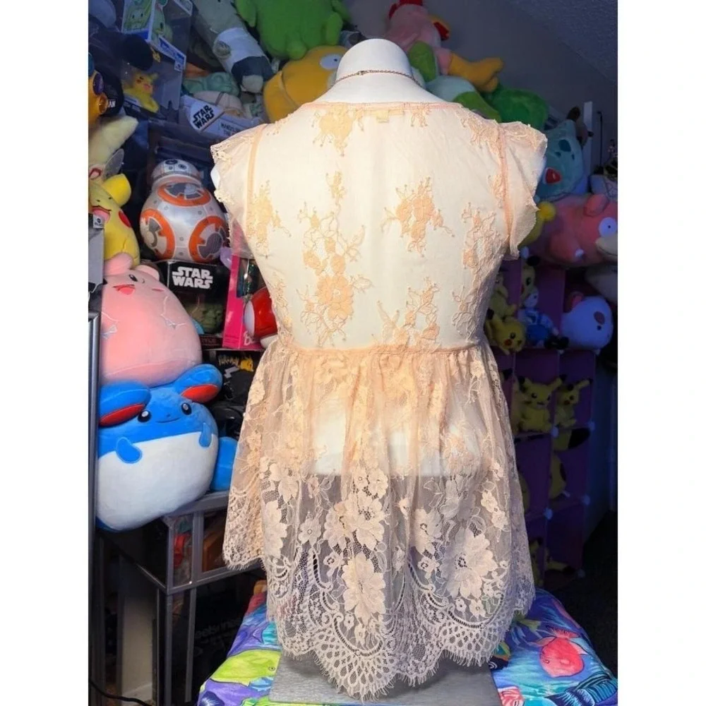 Y2K Rachael & Chloe Peach Floral Lace Babydoll Top Sheer Flutter Sleeve M #5 - Picture 2 of 4